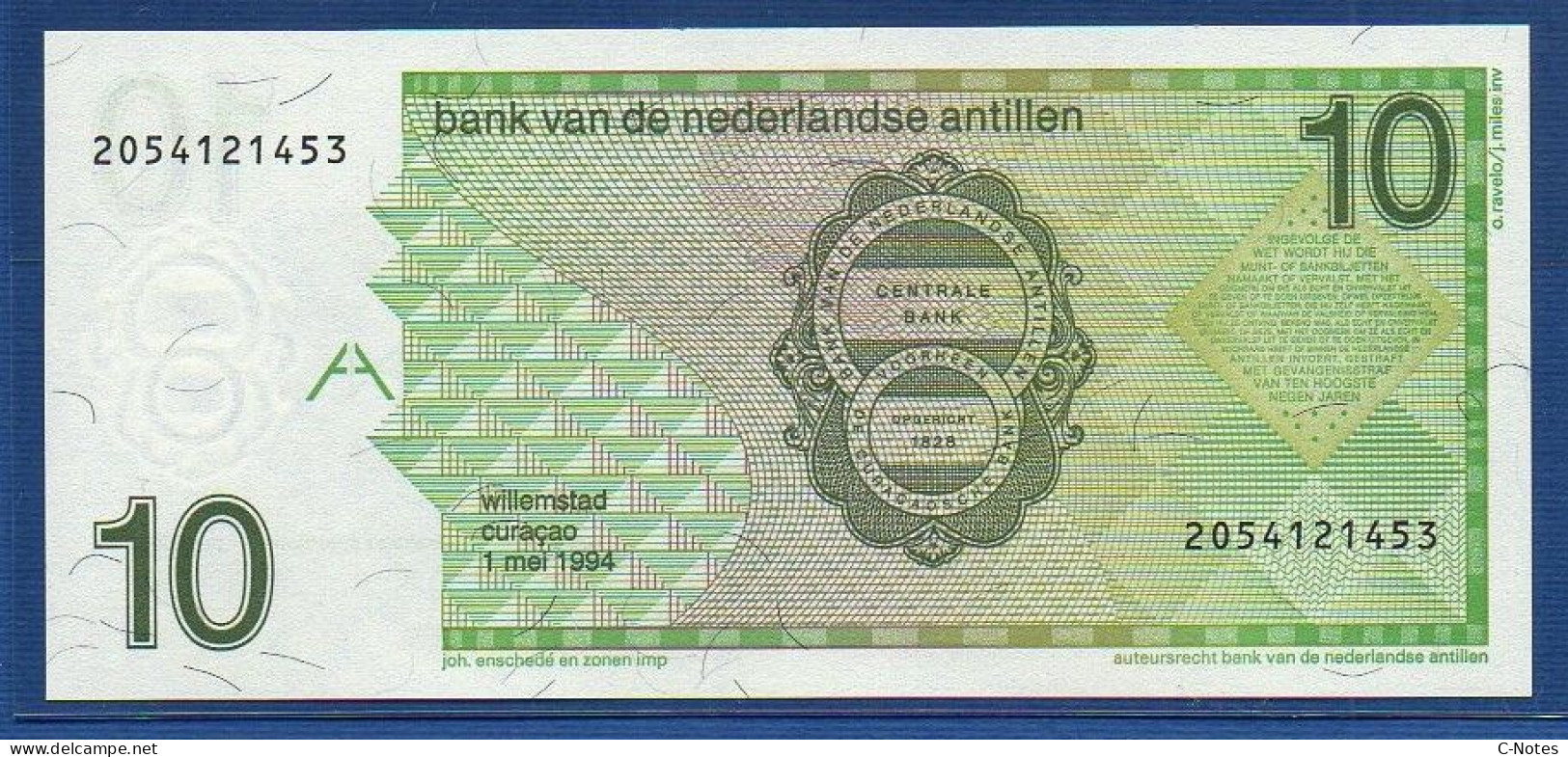 NETHERLANDS ANTILLES - P.23c – 10 Gulden 1994 UNC, S/n 2054121453 - Antille Olandesi (...-1986)