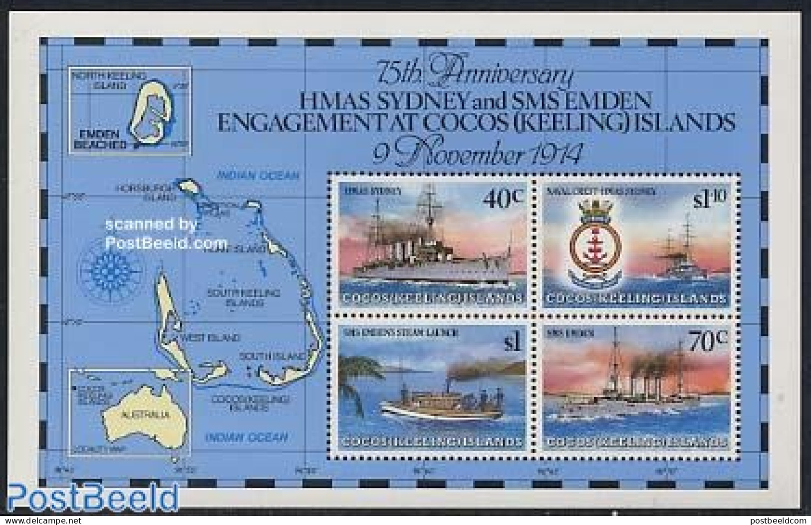 Cocos Islands 1989 Sea Battle S/s, Mint NH, History - Transport - Various - Coat Of Arms - Militarism - Ships And Boat.. - Militaria