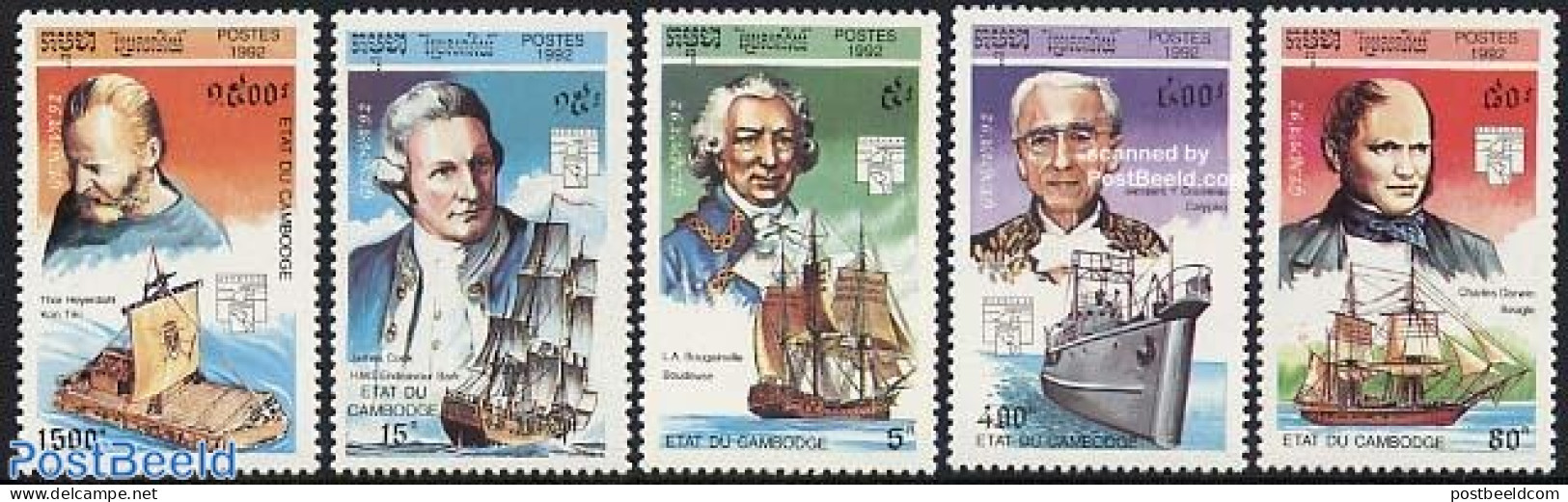 Cambodia 1992 Explorers 5v, Mint NH, History - Transport - Explorers - Ships And Boats - Esploratori