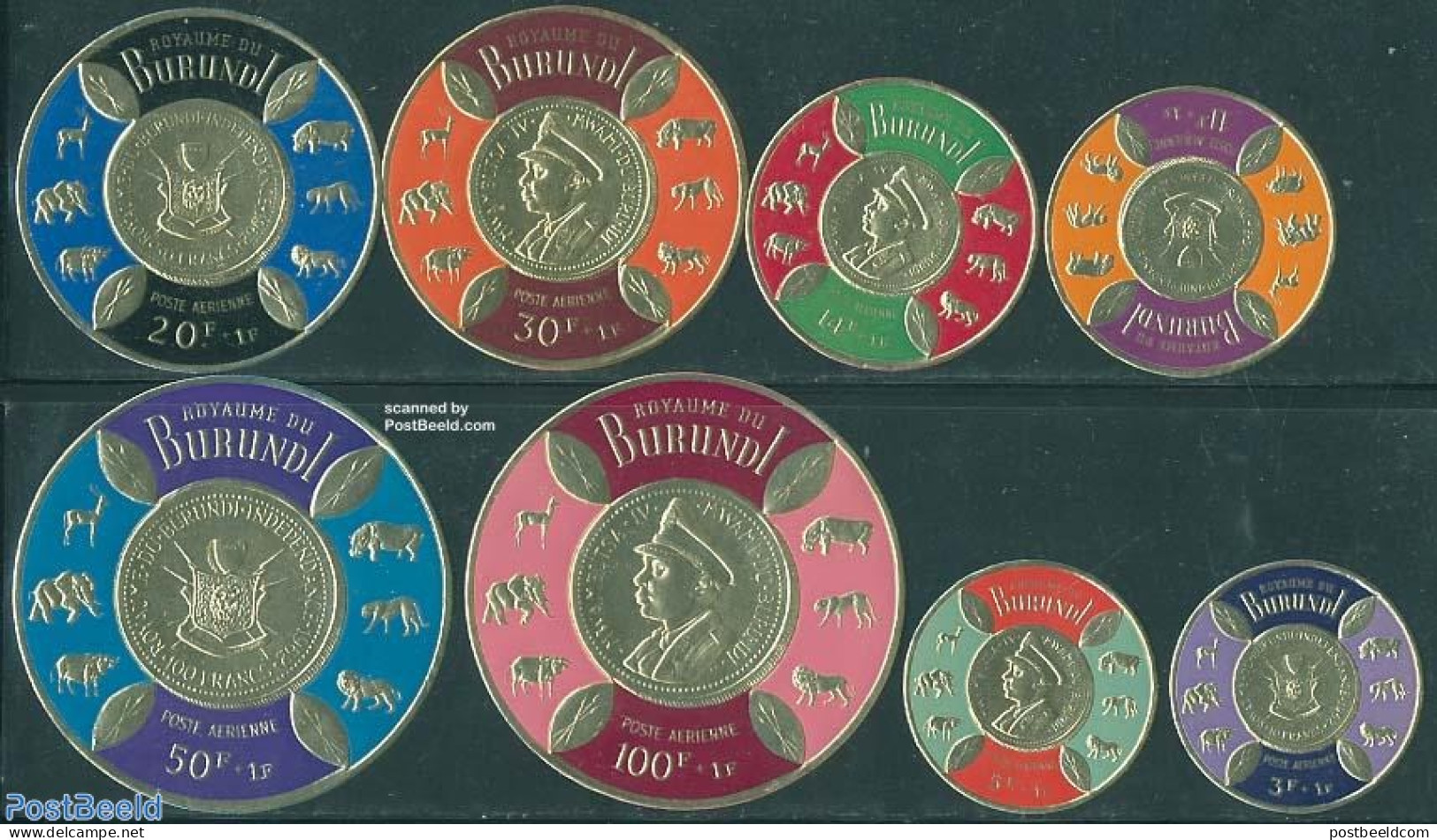 Burundi 1965 Independence 8v, Foil Stamps, Mint NH, History - Nature - Various - Coat Of Arms - Politicians - Animals .. - Monnaies