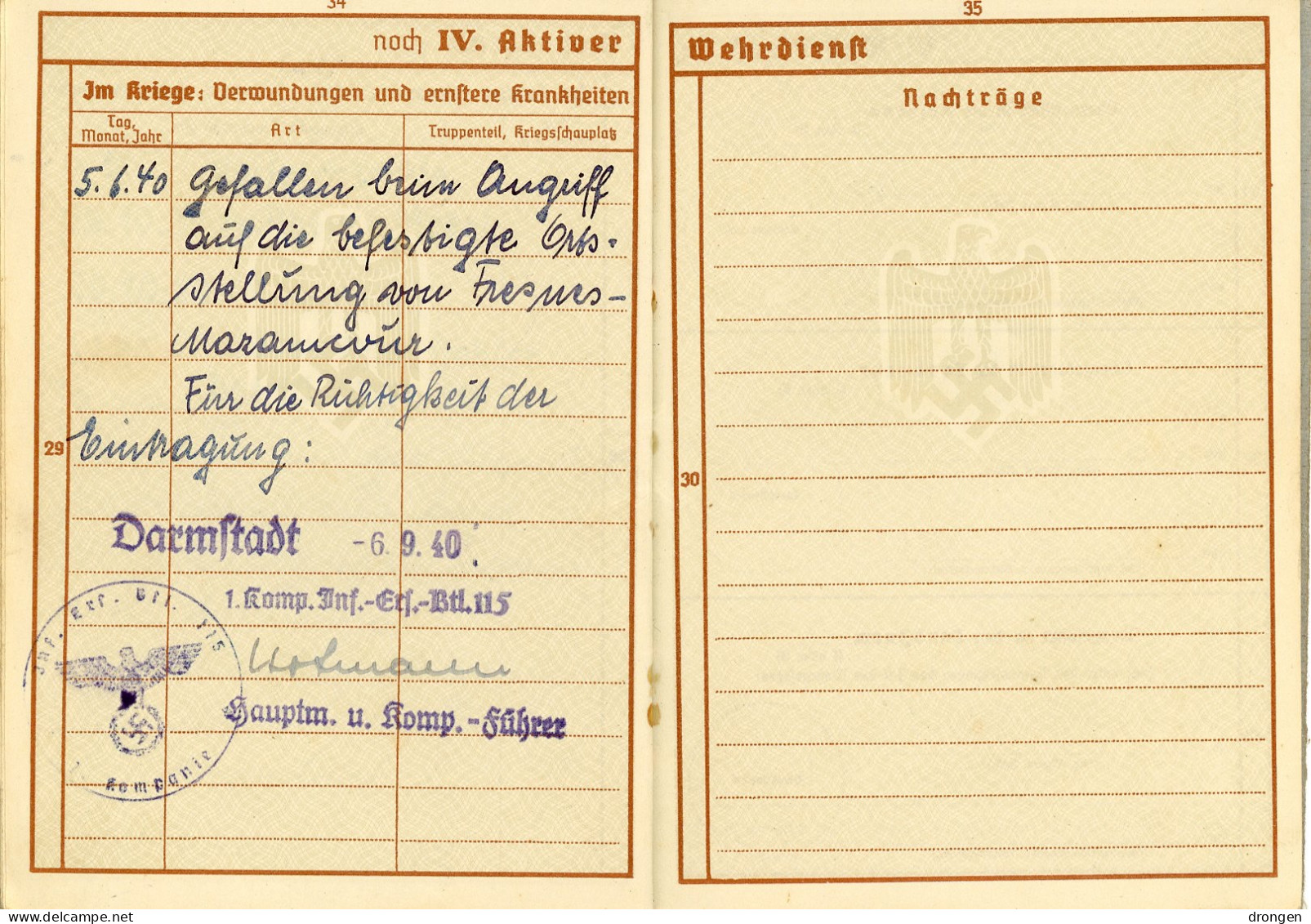 Wehrpass 33 Inf. Div. Tué Le 5 Juin 40 à Villers-Carbonnel - Somme - 1939-45