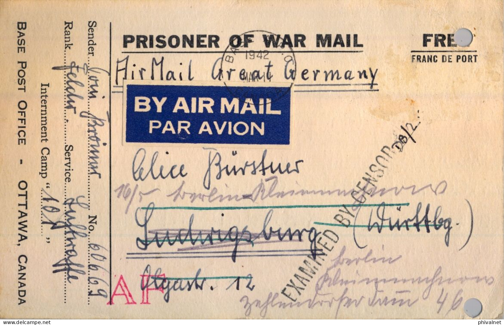 1942 P.O.W. , PRISONER OF WAR MAIL , OTTAWA - LUDWIGSBURG , T.P.  CIRCULADA , DOBLE CENSURA , CORREO AÉREO - Storia Postale