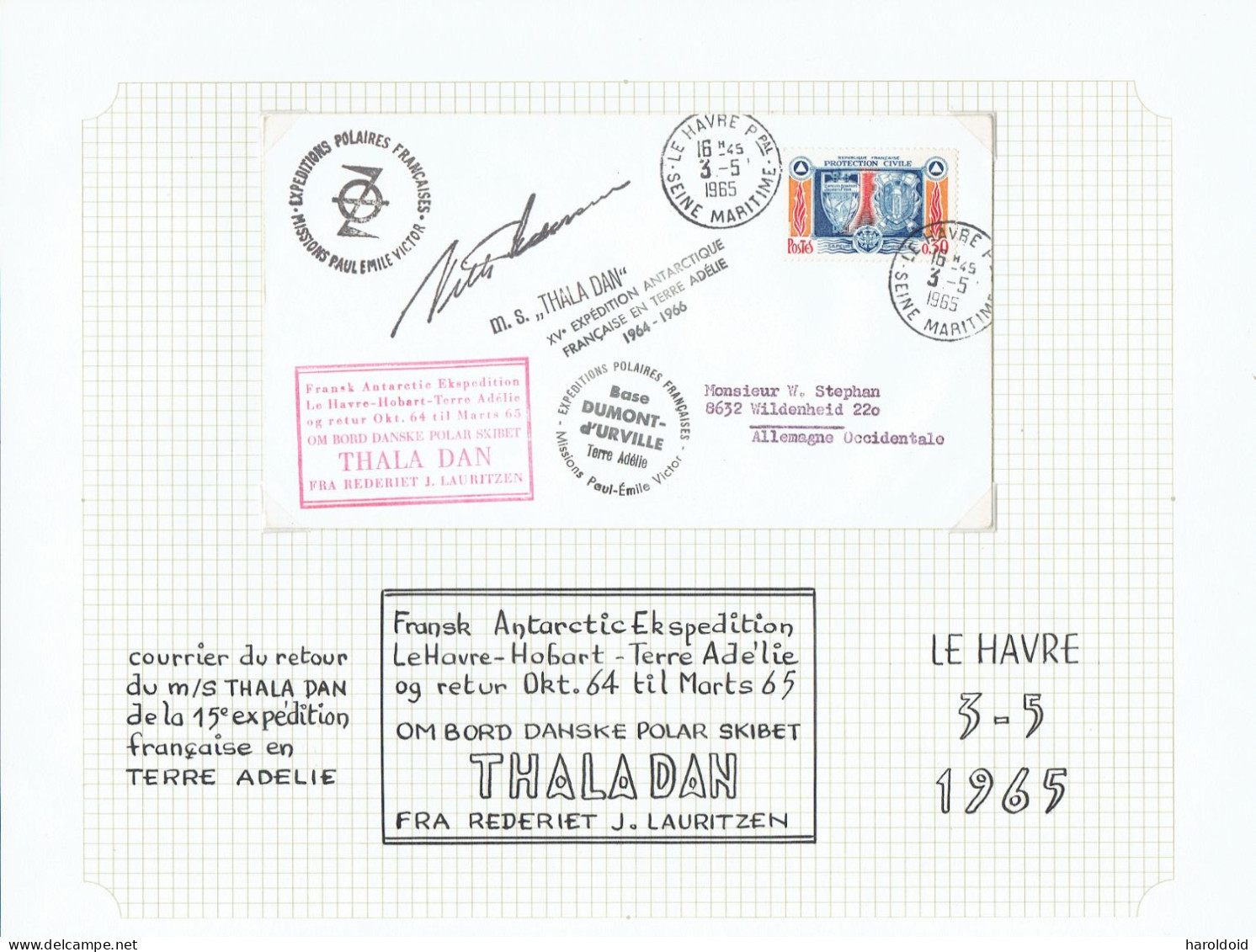 15e Expédition Terre Adélie - Courrier De Retour - M/S THALA DAN - 3/5/1965 - TB - Cartas & Documentos