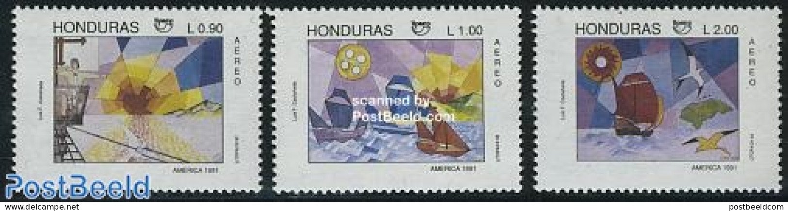 Honduras 1992 UPAEP 3v (1991 Issue), Mint NH, History - Transport - Explorers - U.P.A.E. - Ships And Boats - Esploratori