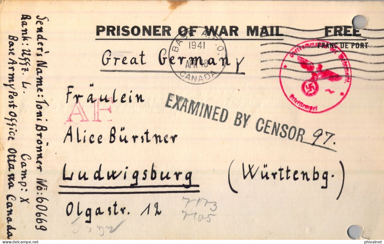 1941 P.O.W. , PRISONER OF WAR MAIL , OTTAWA - LUDWIGSBURG , T.P.  CIRCULADA , DOBLE CENSURA , CORREO AÉREO - Briefe U. Dokumente