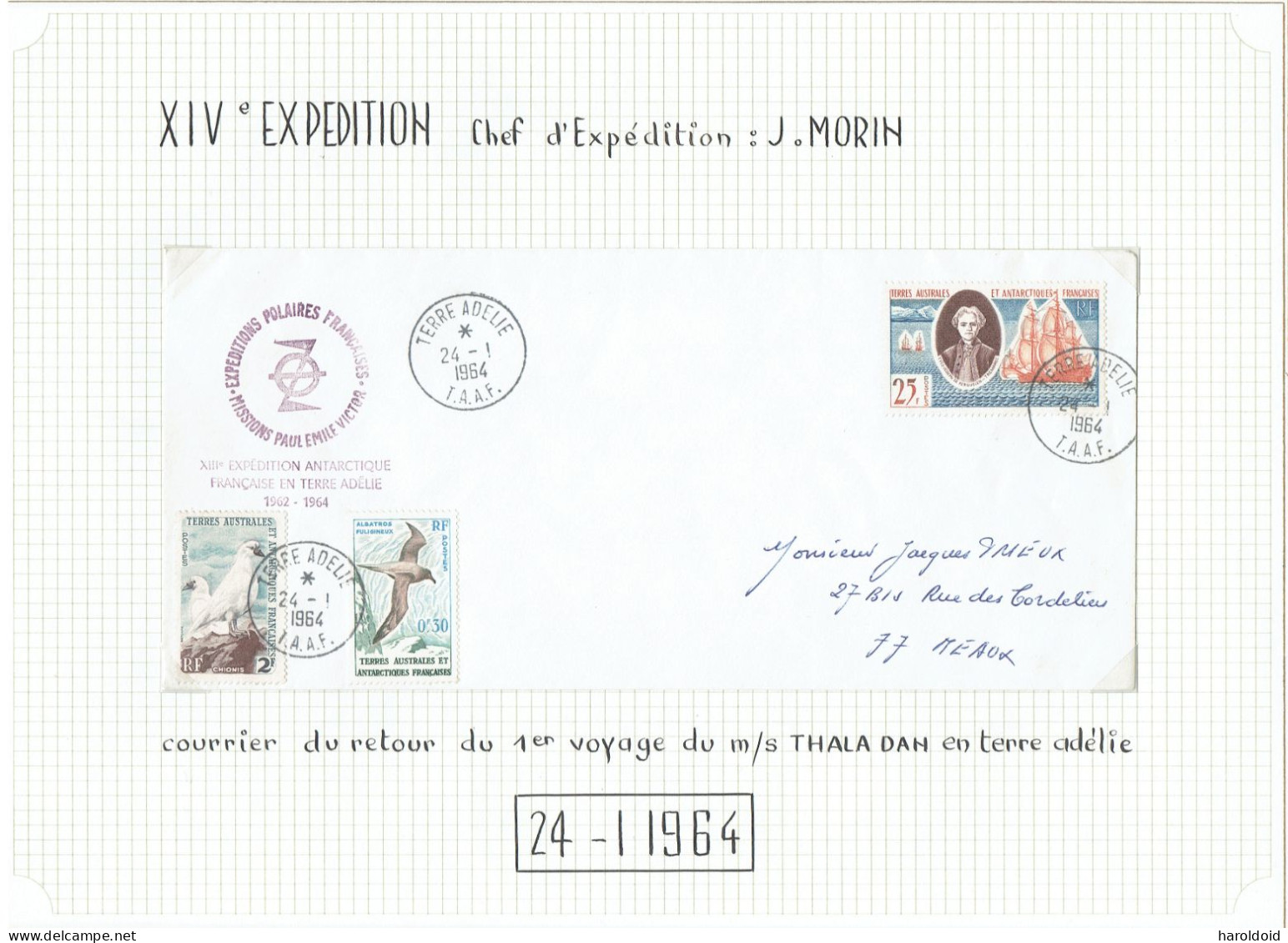 14e Expédition Terre Adélie - Chef D'expédition J. Morin - 24/1/1964 - Cartas & Documentos