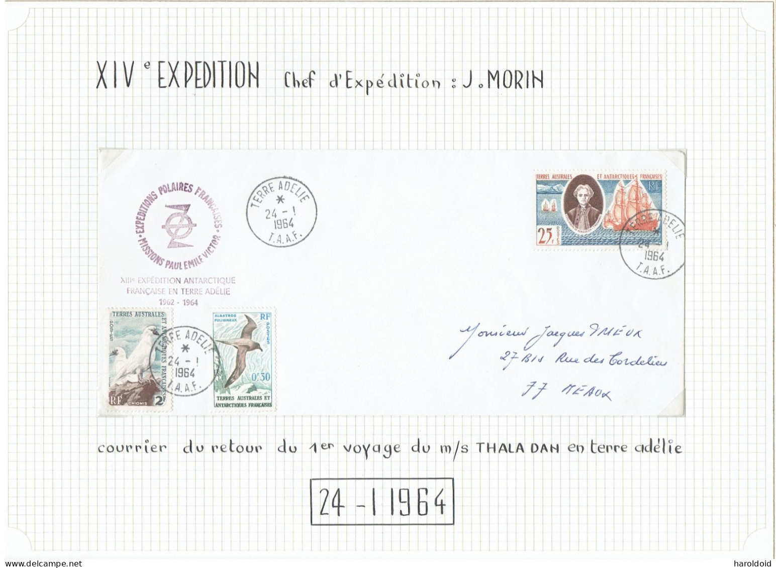 14e Expédition Terre Adélie - Chef D'expédition J. Morin - 24/1/1964 - Storia Postale