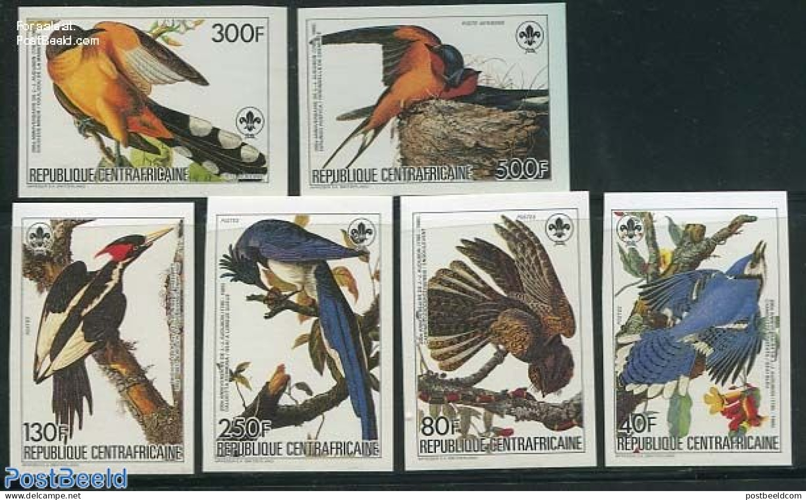 Central Africa 1985 J.J. Audubon 6v Imperforated, Mint NH, Nature - Birds - Woodpeckers - Zentralafrik. Republik