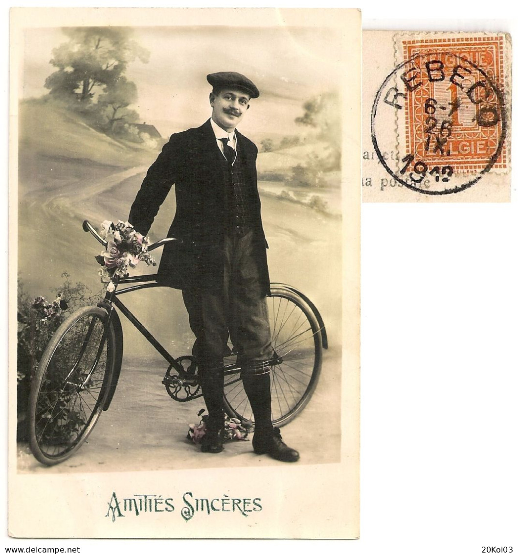 Vélo Cycliste Amitiés Sincères Un Homme_1913 REBECQ 26 IX Timbre 1c (VV PELLENS)_Union Postale Universelle_CPA-TTB - Hommes