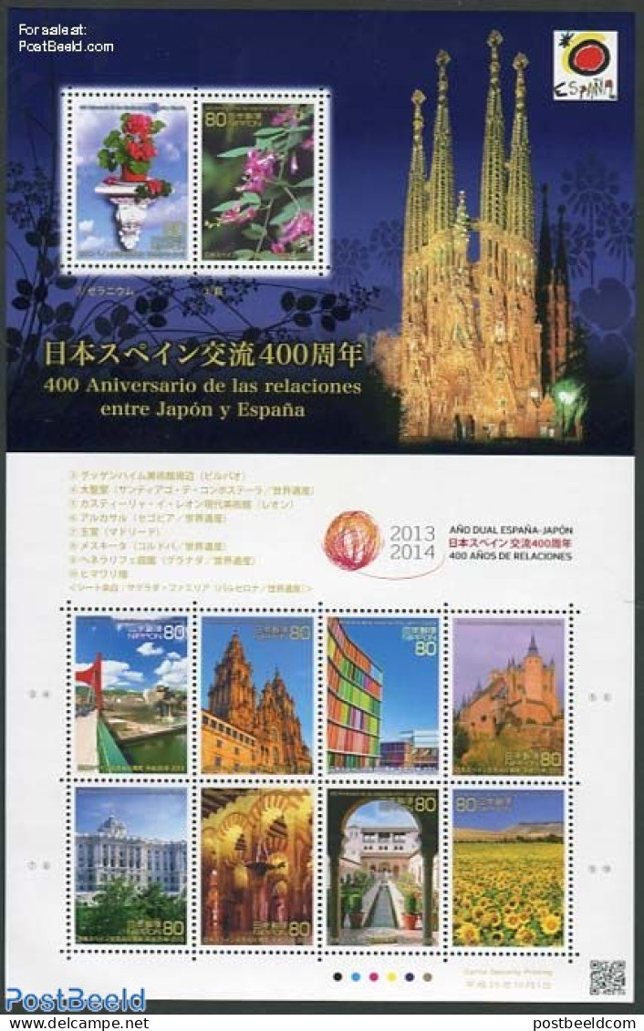 Japan 2013 Joint Issue Spain 10v M/s, Mint NH, Nature - Religion - Various - Flowers & Plants - Churches, Temples, Mos.. - Nuevos