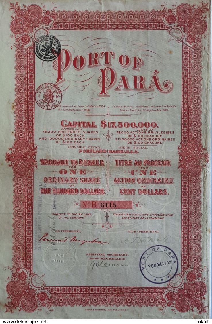 Port Of Para - Warrant To Bearer For 1 Ordinary Share - 1906 (Portland USA) - Andere & Zonder Classificatie