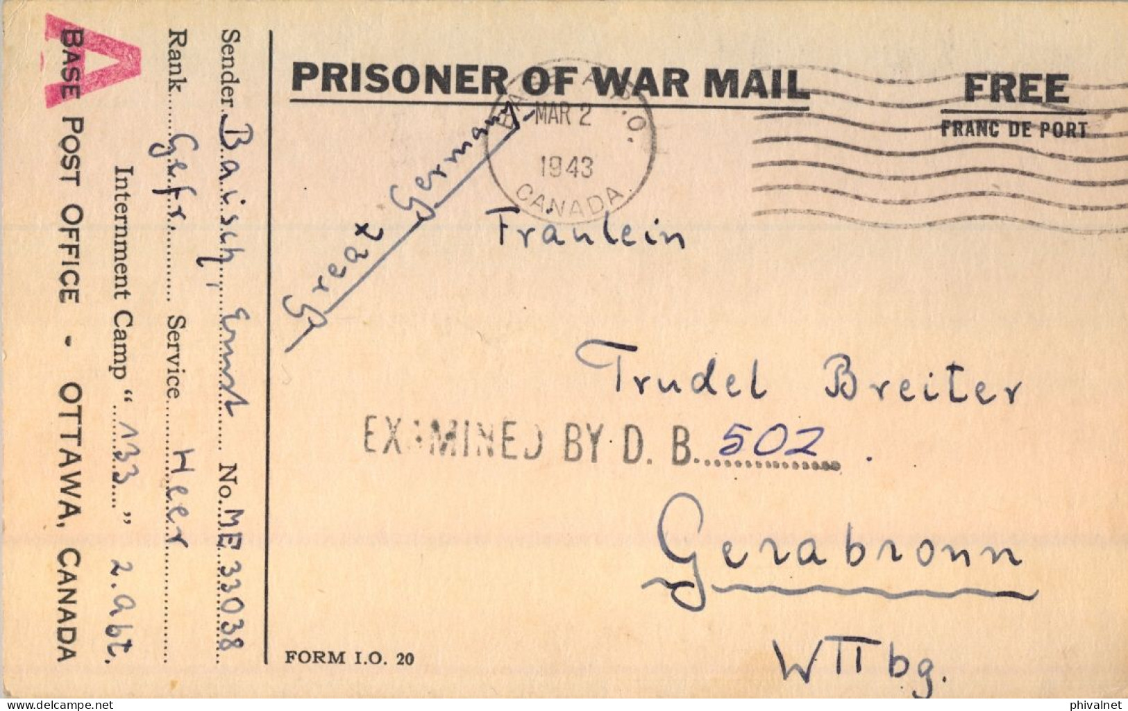 1943 P.O.W. , PRISONER OF WAR MAIL , OTTAWA - GERABRONN , T.P.  CIRCULADA , CENSURA - Lettres & Documents