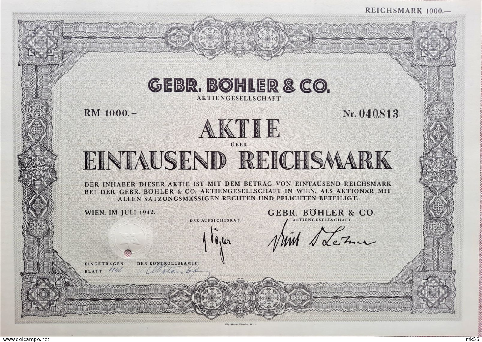 Gebr. Böhler & C° A.G.- Aktie über 1000 RM- 1942 - Wien - Otros & Sin Clasificación