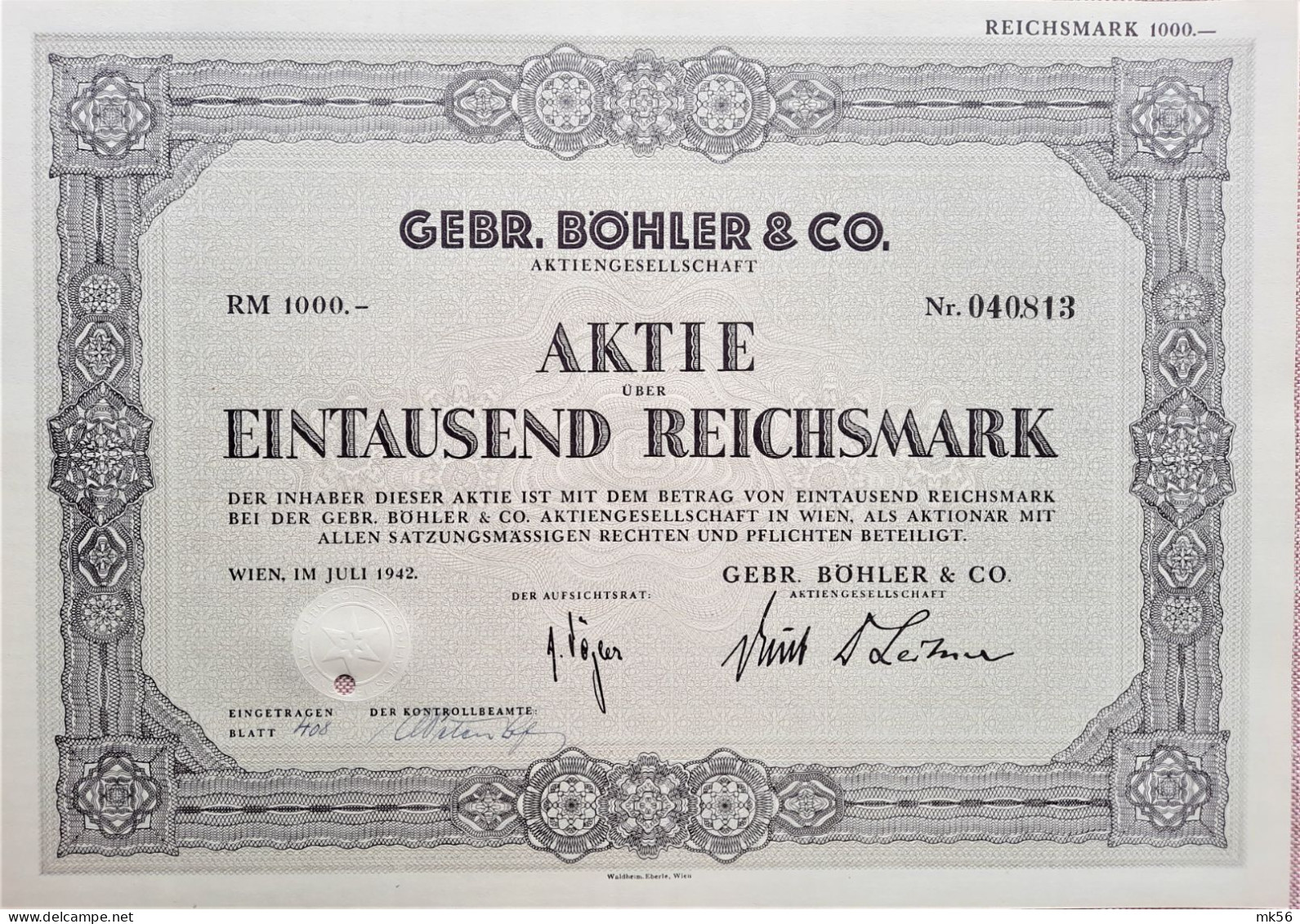 Gebr. Böhler & C° A.G.- Aktie über 1000 RM- 1942 - Wien - Andere & Zonder Classificatie