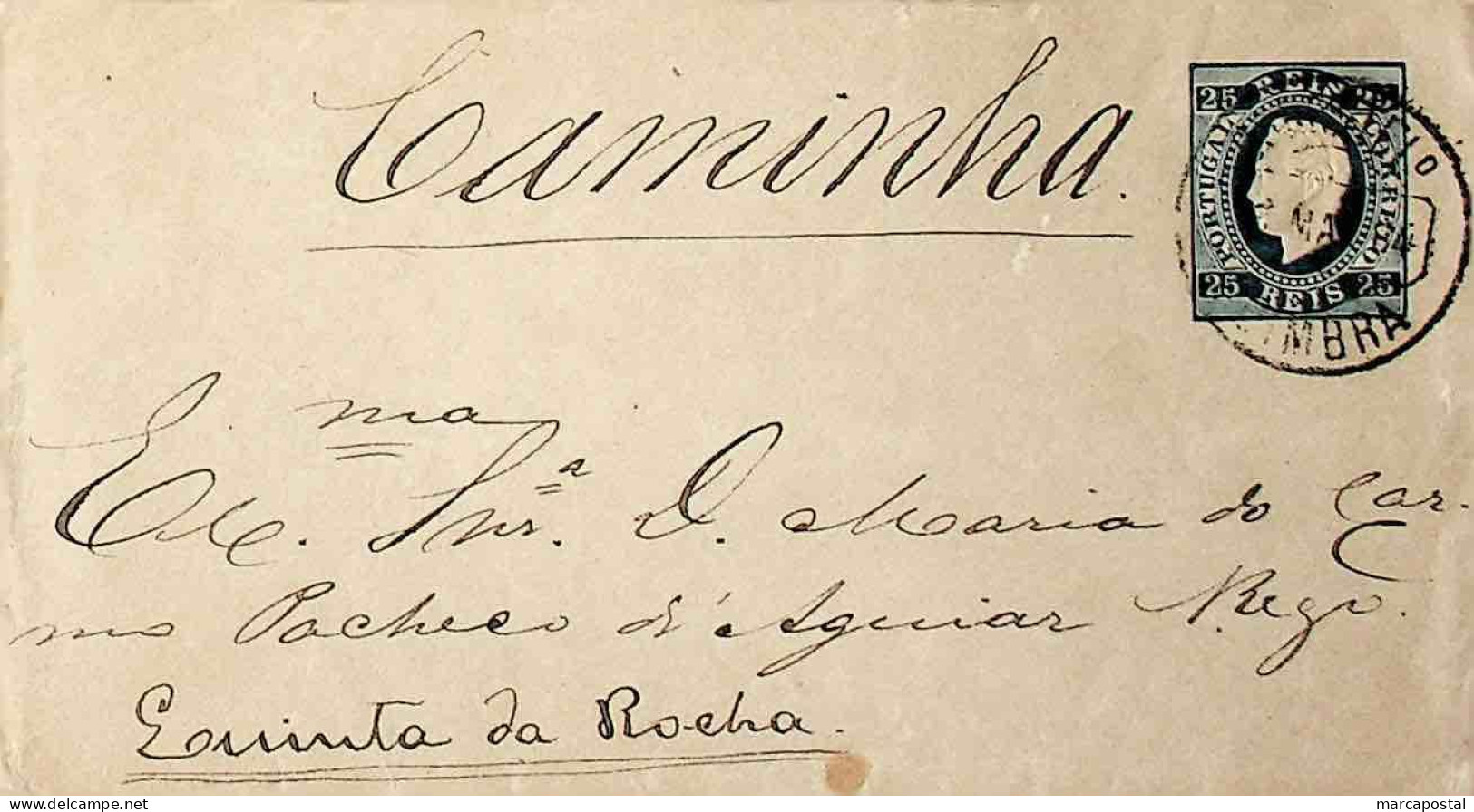 1884 Portugal Sobrescrito Inteiro D. Luís Fita Direita 25 R. Azul Enviado De Coimbra Para Caminha - Interi Postali