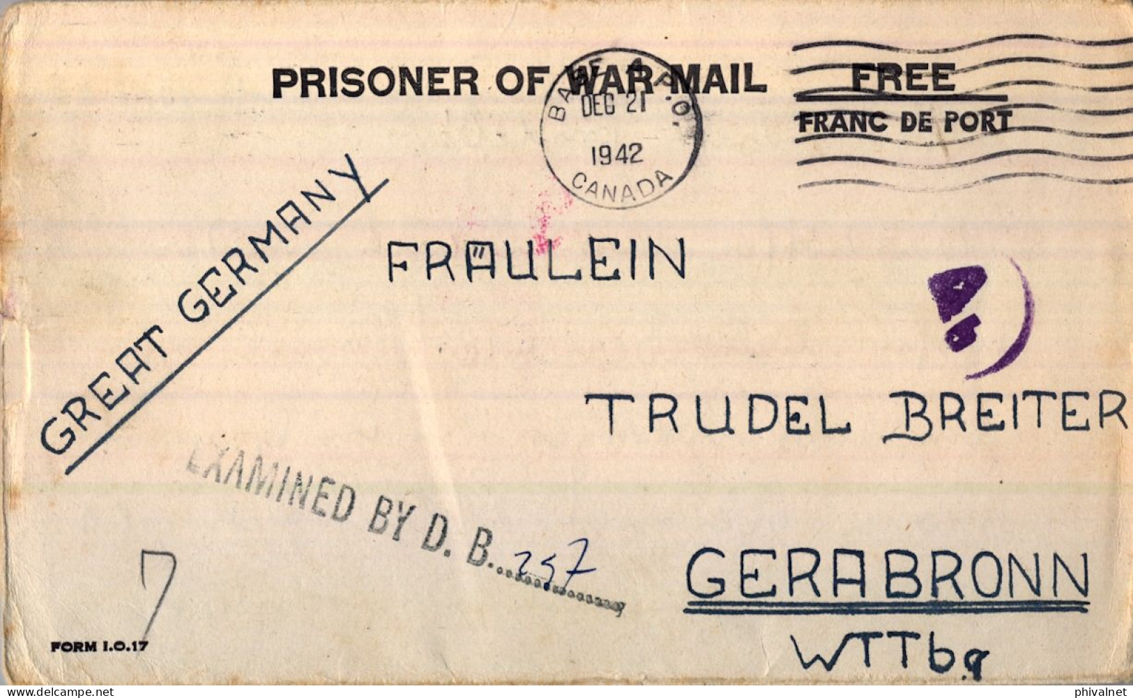 1942 P.O.W. , PRISONER OF WAR MAIL , OTTAWA - GERABRONN , SOBRE CIRCULADO , DOBLE CENSURA - Briefe U. Dokumente