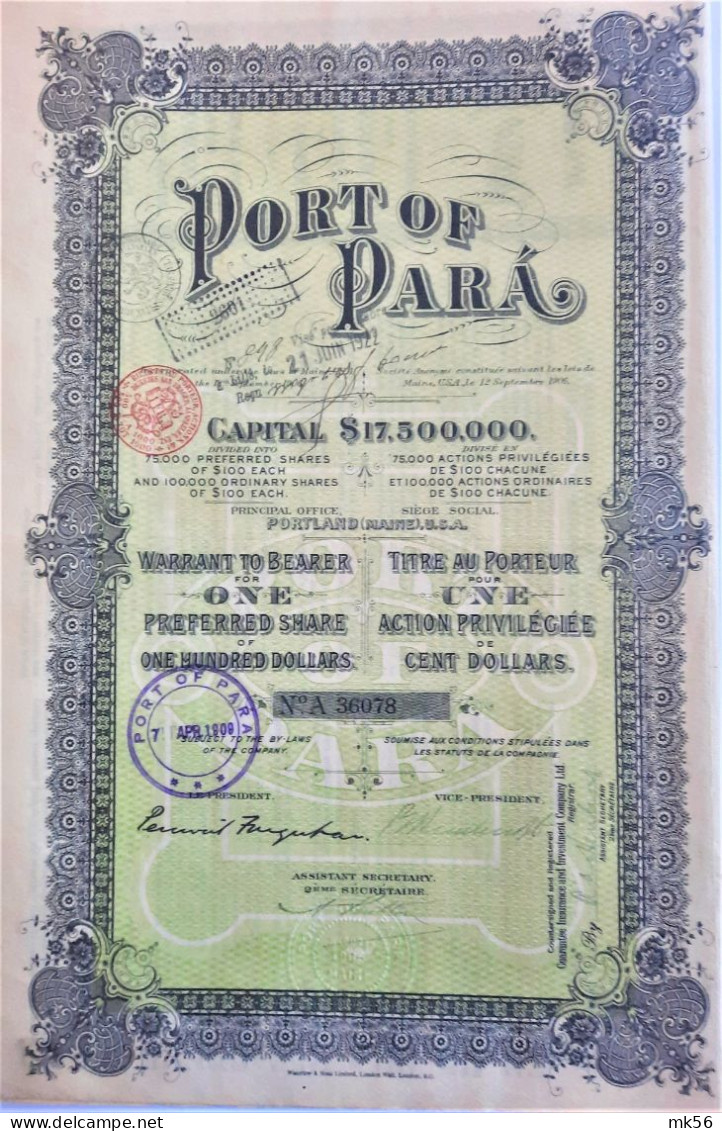 Port Of Para - Warrant To Bearer For 1 Preferred Share - 1906 (Portland USA) - Andere & Zonder Classificatie