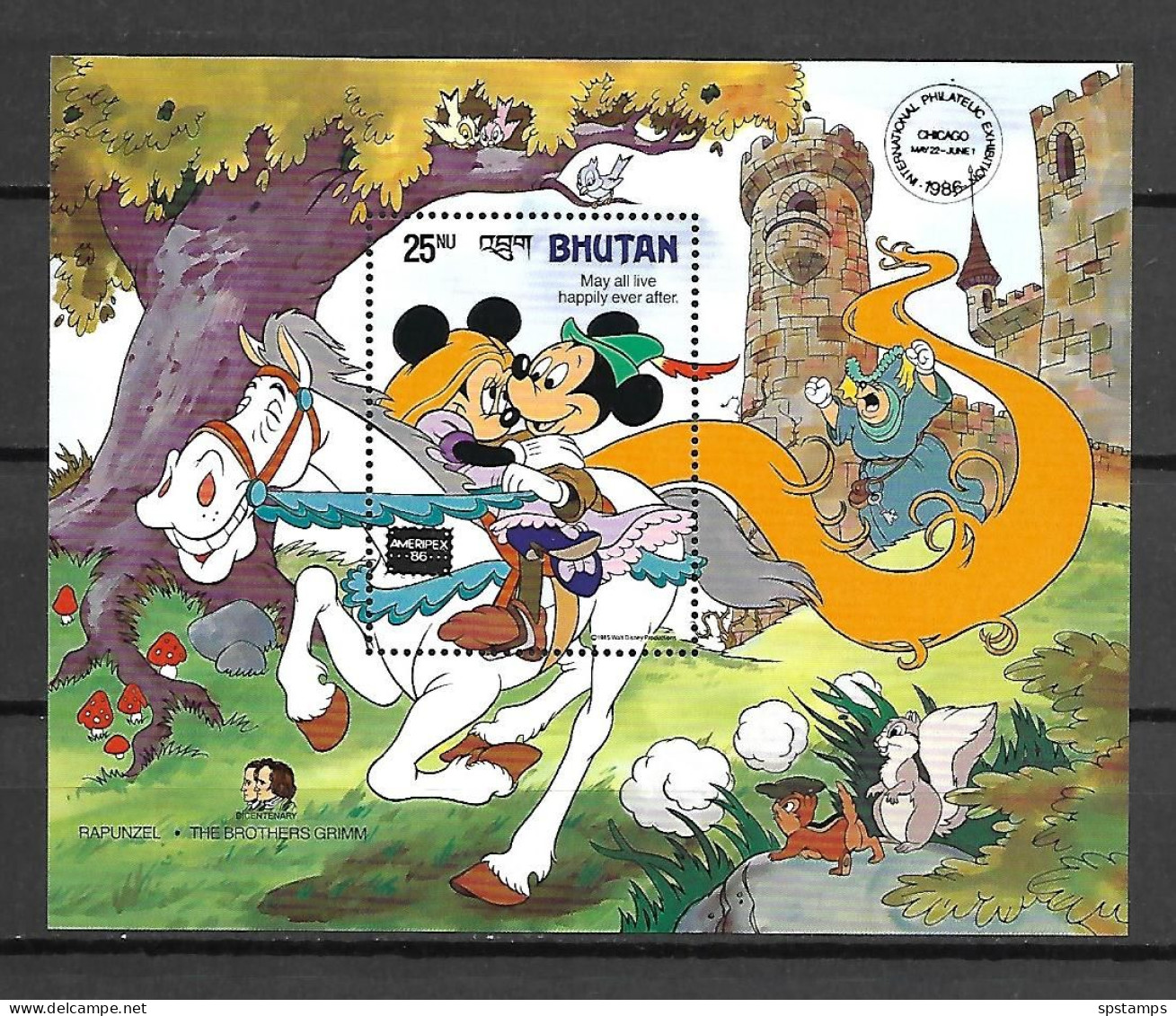 Disney Bhutan 1986 AMERIPEX - May All Live Happly Ever After MS MNH - Disney