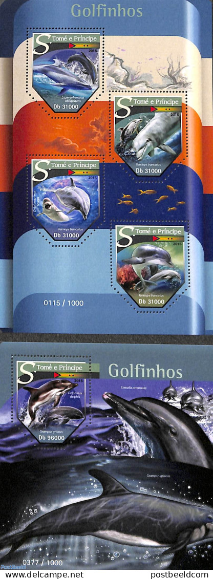 Sao Tome/Principe 2015 Dolphins 2 S/s, Mint NH, Nature - Sea Mammals - Sao Tomé Y Príncipe