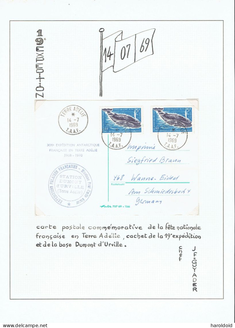 19e Expéd Terre Adélie - CP Commémorative De La Fête En Terre Adélie - Grand Cachet De La Base Dumont D'Urville -14/7/69 - Cartas & Documentos