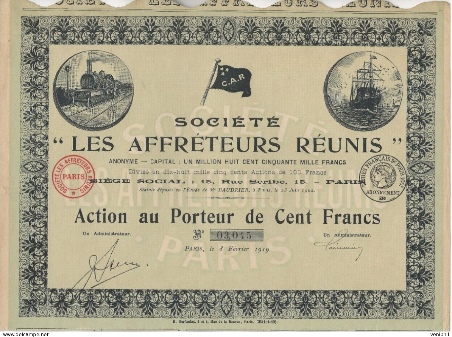 SOCIETE DES AFFRETEURS REUNIS - - ACTION DE CENT FRANCS -ANNEE 1919 - Scheepsverkeer