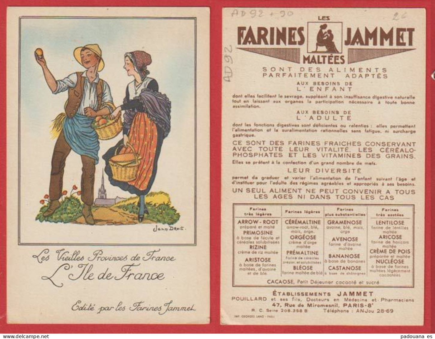 AD92 PUBLICITE JAMMET ET REGIONALISME  LES VIEILLES PROVINCES DE FRANCE  ILE DE FRANCE - Advertising
