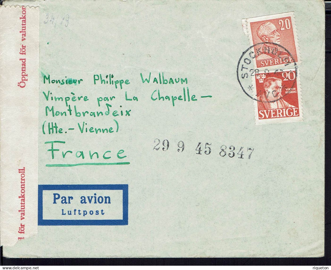 Suède. Enveloppe De Stockholm Du 28-9-1945 Pour Vimpère Par La Chapelle-Montbrandeix (Fr) Contrôle De La Censure. B/TB. - Cartas & Documentos