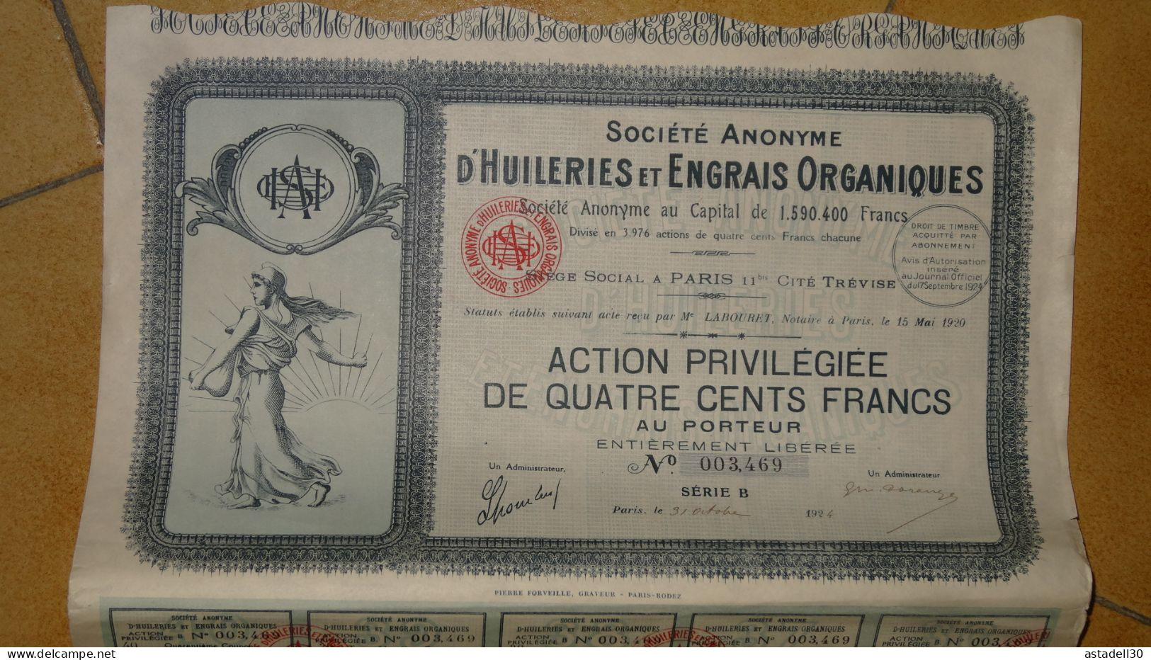 Action Privilégiée 400f Au Porteur, Huileries Engrais Organiques, Datée 1924 Avec LA SEMEUSE, 3976 Exemplaires ..PIE - G - I