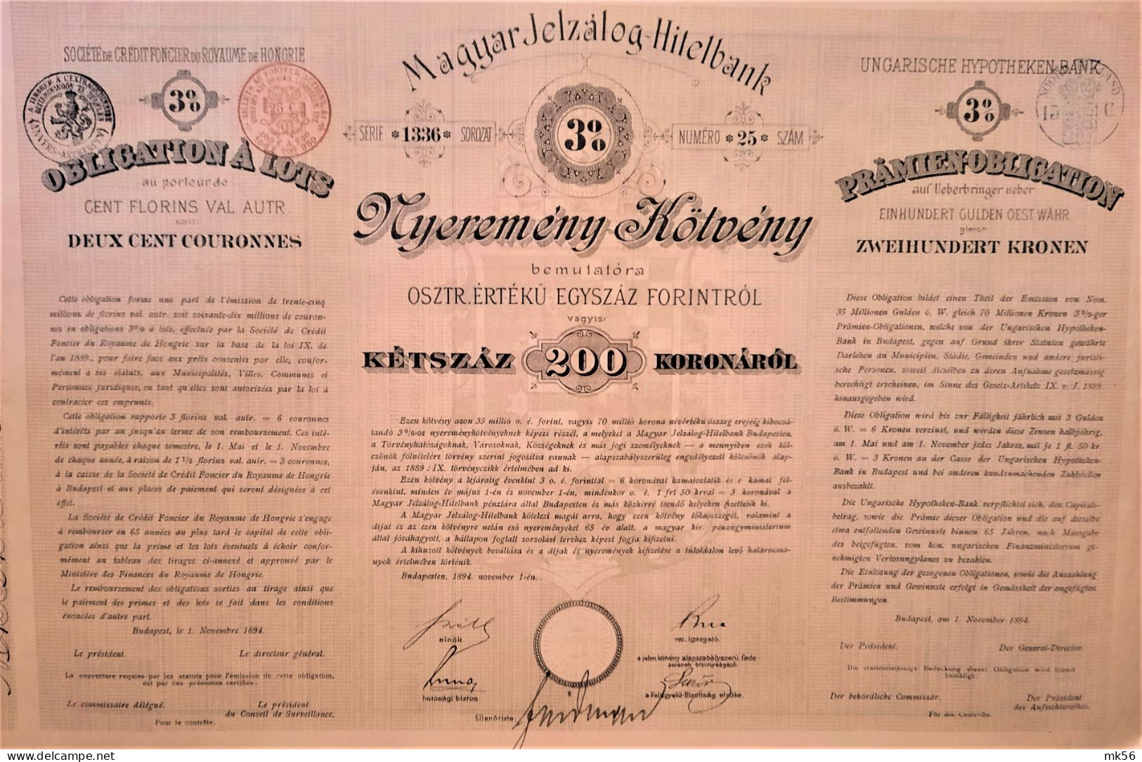 Ungarische Hypotheken Bank Budapest - Zweihundert Kronen  - 1894 !! - Bank & Versicherung