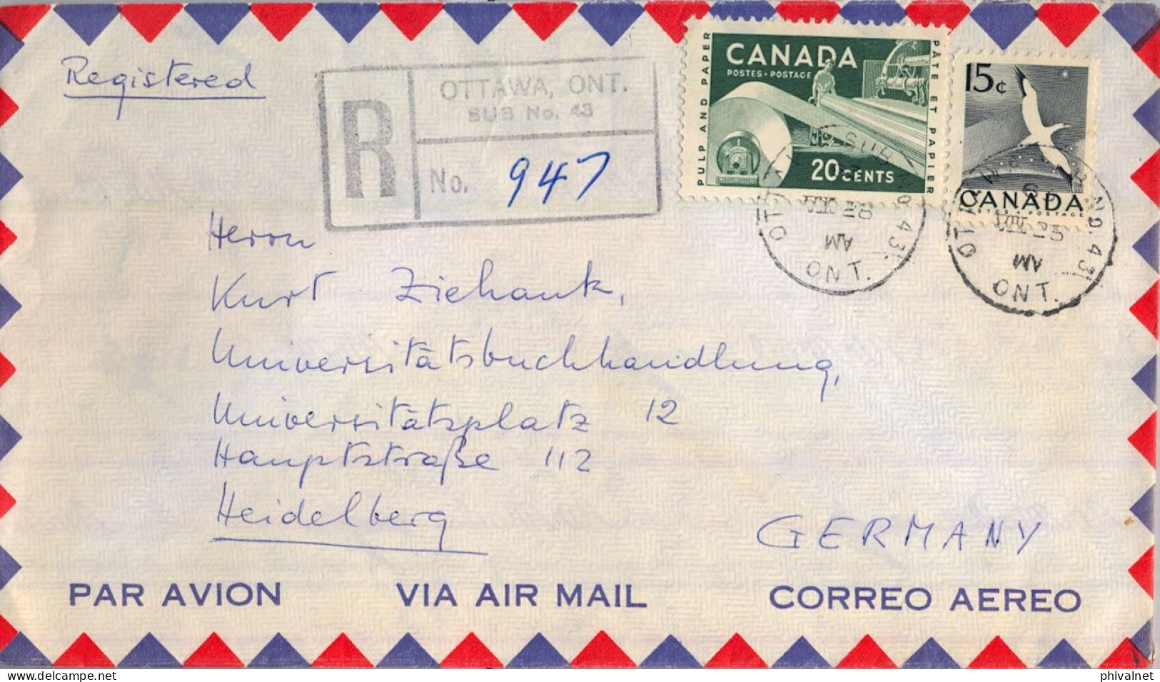 1963 CANADÁ , ORRAWA - HEIDELBERG  , SOBRE CERTIFICADO , TRÁNSITO DE MONTREAL , CORREO AÉREO - Covers & Documents