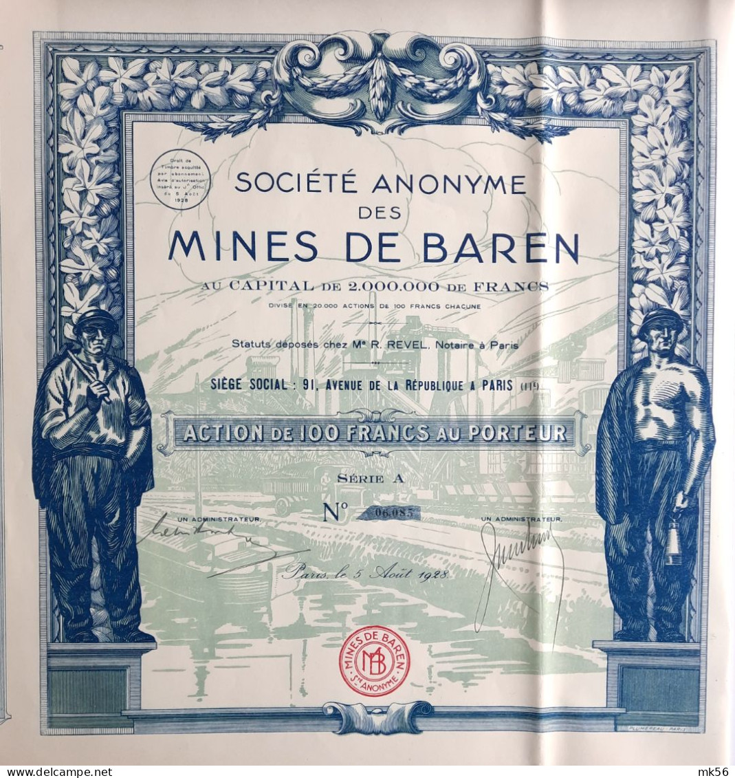 Société Anonyme Des Mines De Baren - Paris - 1928 - Action Au Porteur (deco !) - Mines