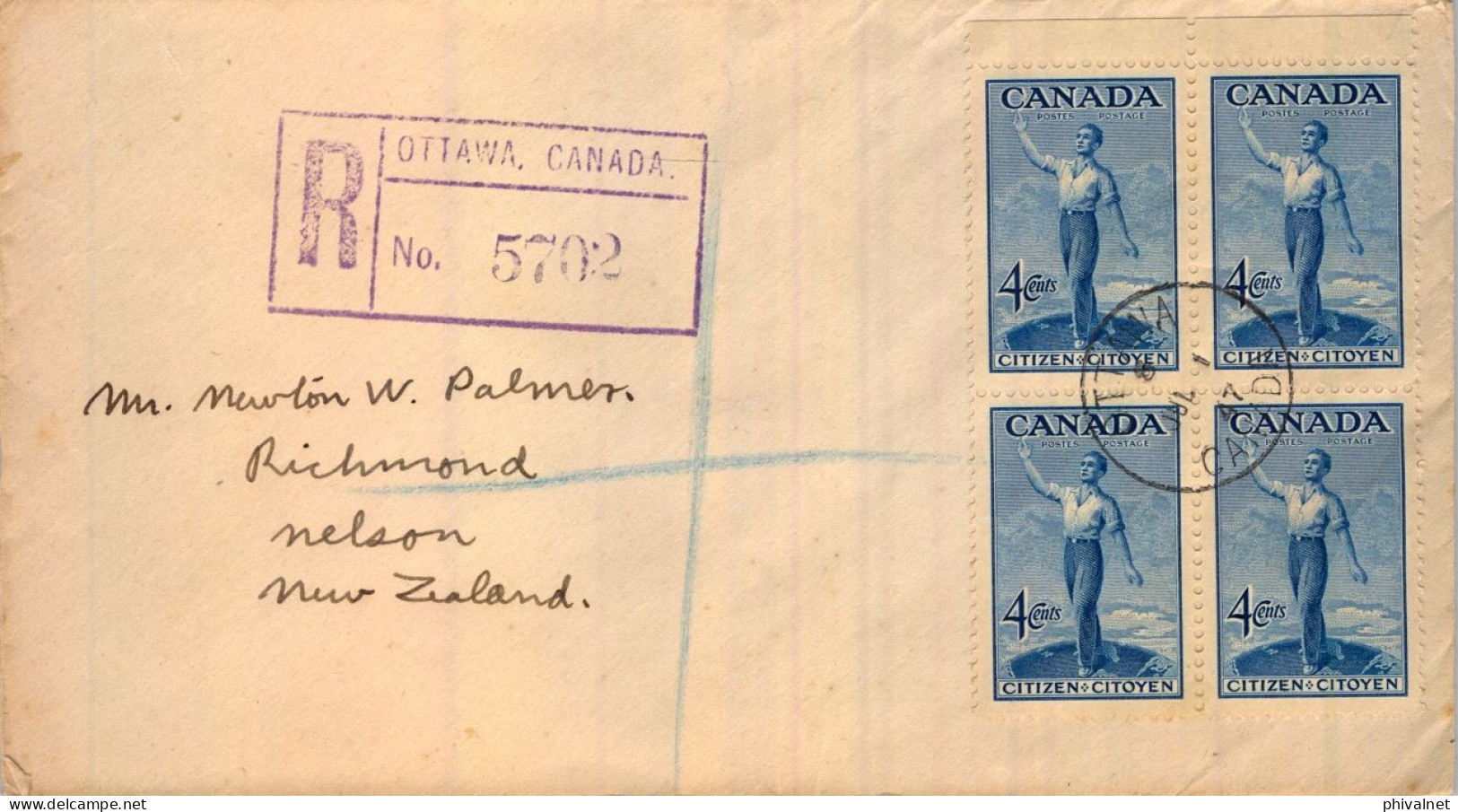 1947 CANADÁ , OTTAWA - RICHMOND ( NUEVA ZELANDA ) , SOBRE CERTIFICADO , TRÁNSITO VANCOUVER , LLEGADA - Covers & Documents