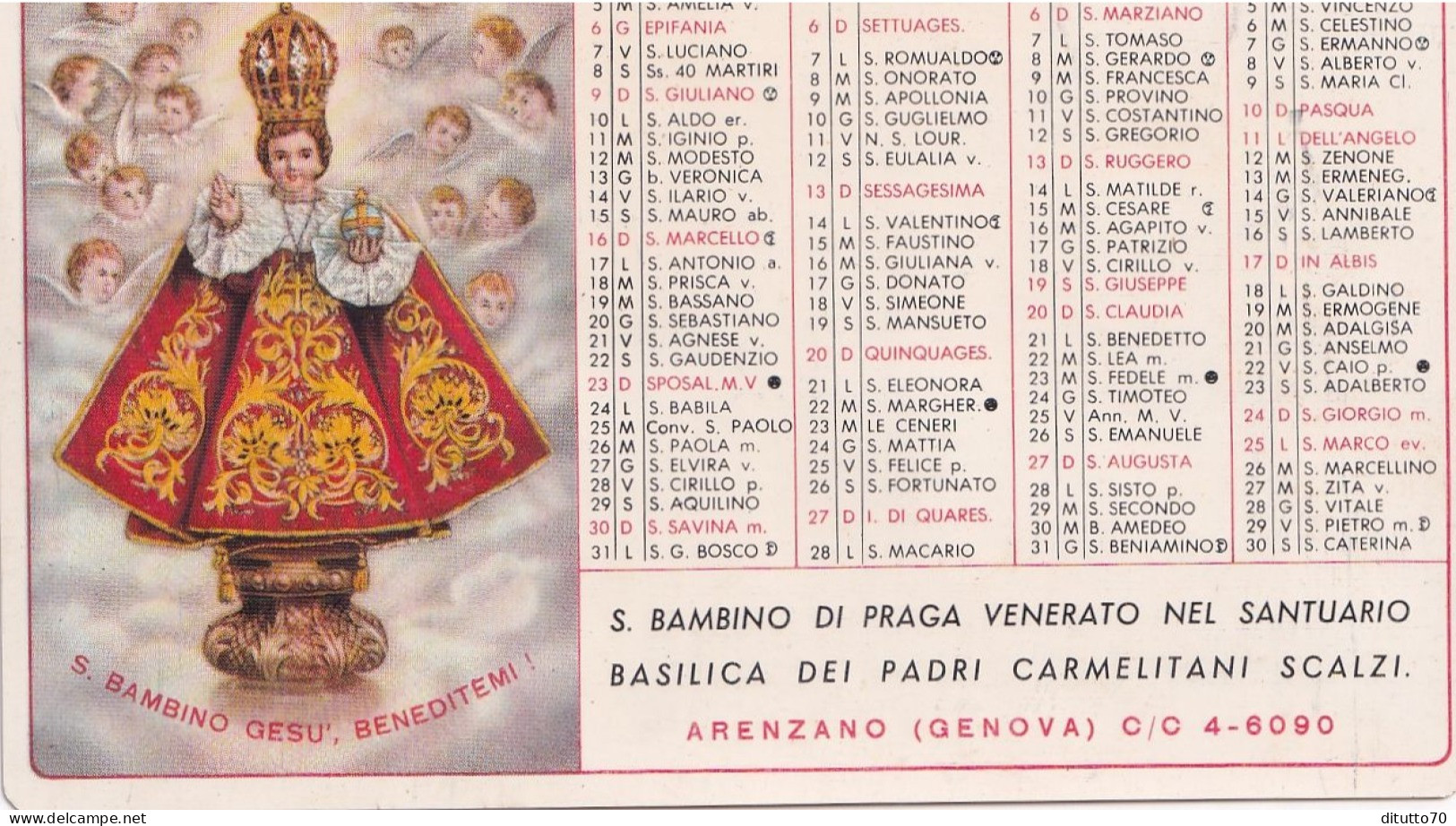 Calendarietto - S.bambino Di Praga Venerato Nel Santuario Basilica Dei Padri Carmelitani Scalzi - Arenzano - Bologna - A - Klein Formaat: 1941-60