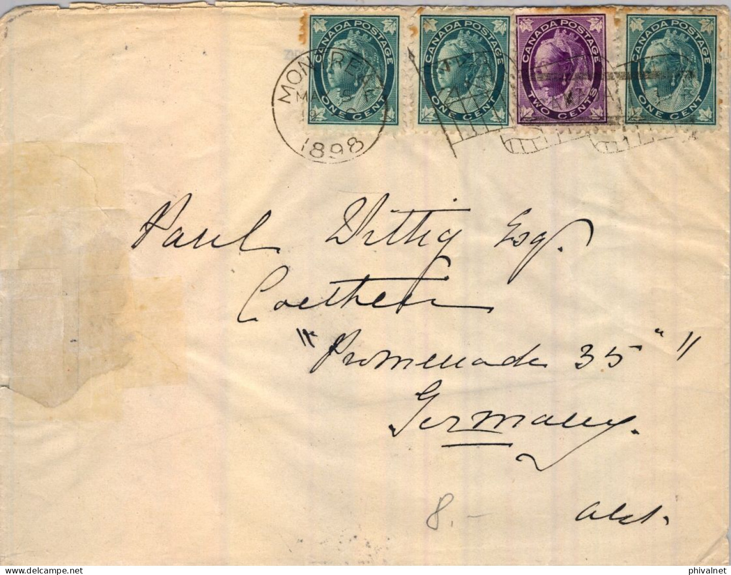 1898 MONTREAL - KÖTHEN , SOBRE CIRCULADO , LLEGADA  AL DORSO YV. 55 X 3 , 56 - VICTORIA - Cartas & Documentos