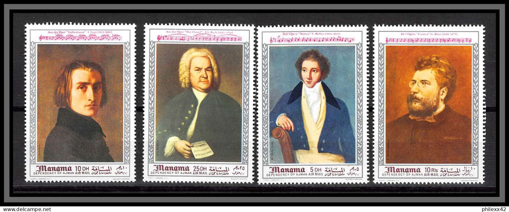Manama - 5034d/ N°188/191 A Music Composers Musique Bellini Liszt Bach Bizet Neuf ** MNH - Manama