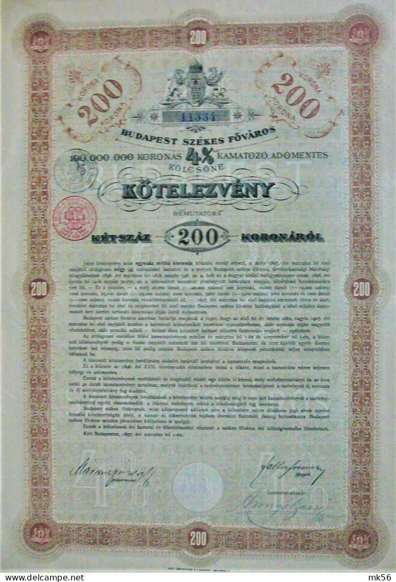 Ville Capitale De Budapest - Oblig. De 200 Couronnes 4% (1897) - Sonstige & Ohne Zuordnung