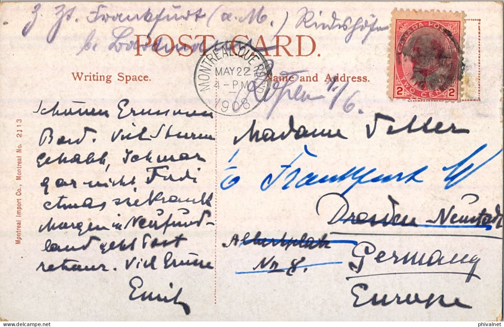 1908 MONTREAL - DRESDEN , T.P. CIRCULADA , YV. 79 - EDOUARD VII , S.S. EMPRESS OF IRELAND , BARCOS , SHIPS - Storia Postale