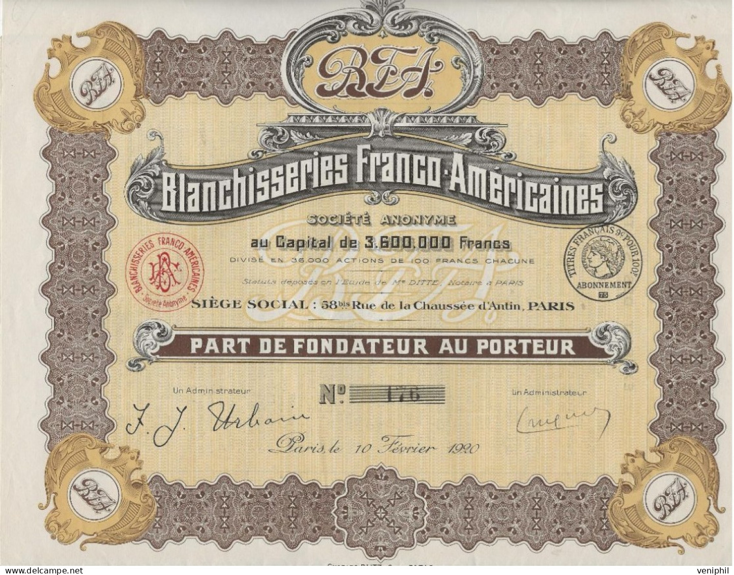 BLANCHISSERIES FRANCO-AMERICAINES  - PART DE FONDATEUR - ANNEE 1920 - Andere & Zonder Classificatie