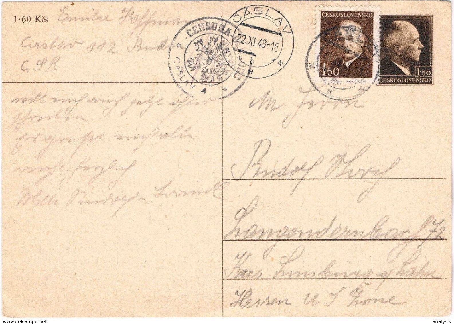 Czechoslovakia Caslav Uprated Postal Stationery Card Mailed To Germany 1948 Censor - Covers & Documents
