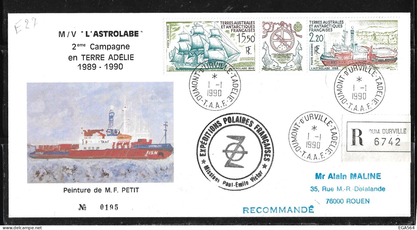 122 - Y&T PA113A Triptyque "Astrolabe" Sur Pli Illustré Recommandé FDC Du 1.1.1990 Terre Adélie. Arrivée 6.2.1990. - Cartas & Documentos