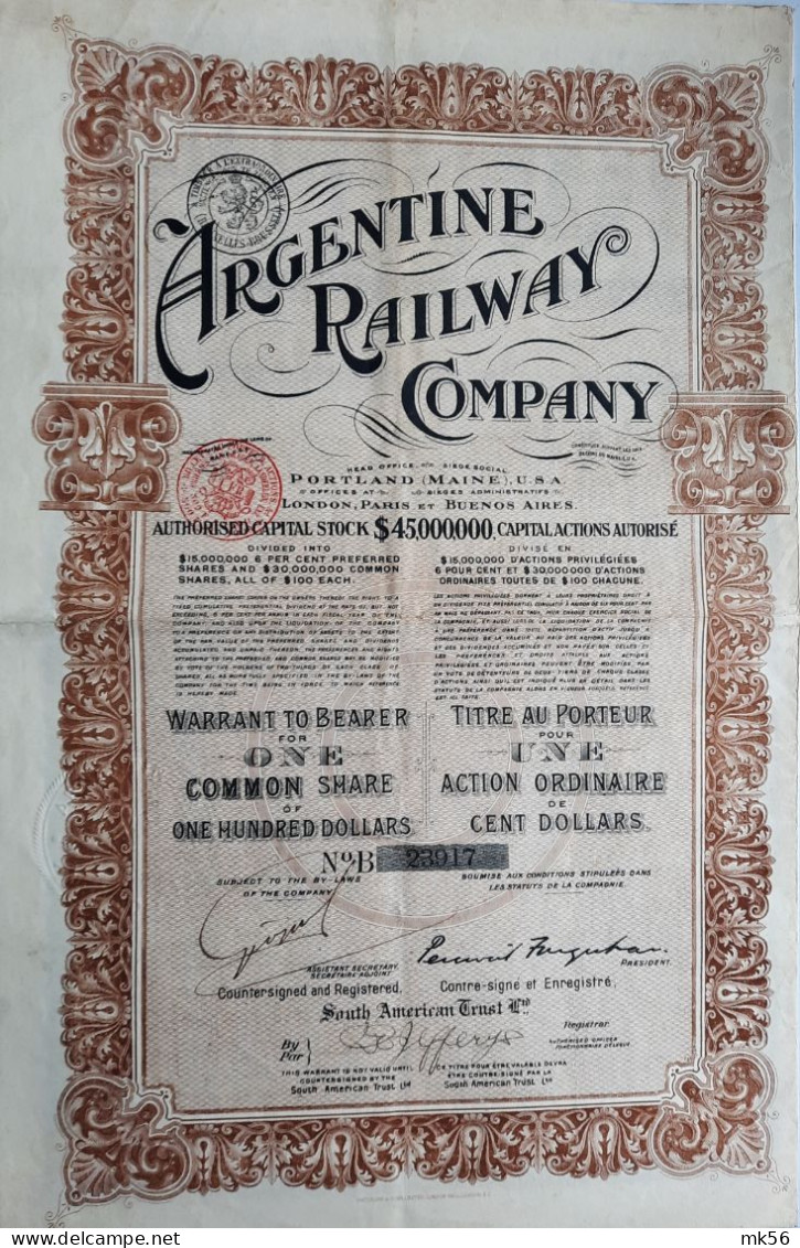 2x The Argentine Railway Company - Warrant To Bearer For 1 Common Share - Mineral