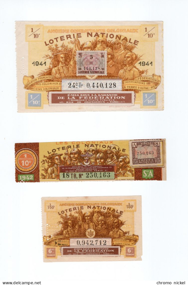 Lot De 3 Billets De Loterie Nationale Anciens Combattants Coloniaux Avec Annamite TB - Lottery Tickets