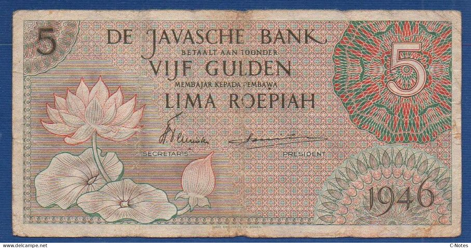 NETHERLANDS INDIES  - P. 88 – 5 Gulden 1946  F/VF, S/n CEQ 087516 - Dutch East Indies