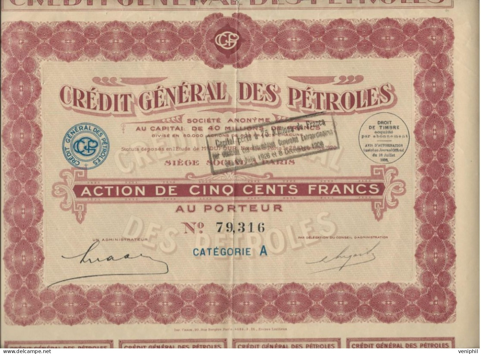 CREDIT GENERALE DES PETROLES - ACTION DE CINQ CENTS FRANCS - ANNEE 1926 - Oil