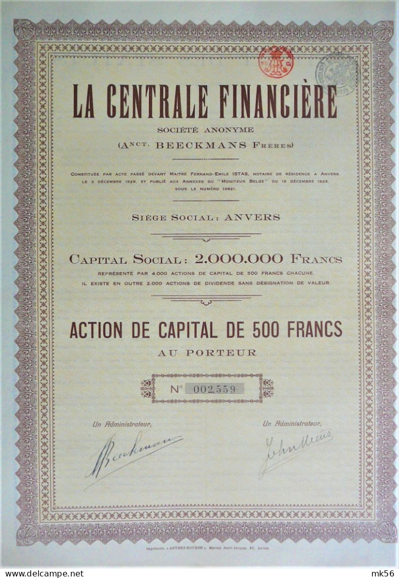 La Centrale Financière - Action De Capital De 500 Fr (1925) - Anvers - Banque & Assurance