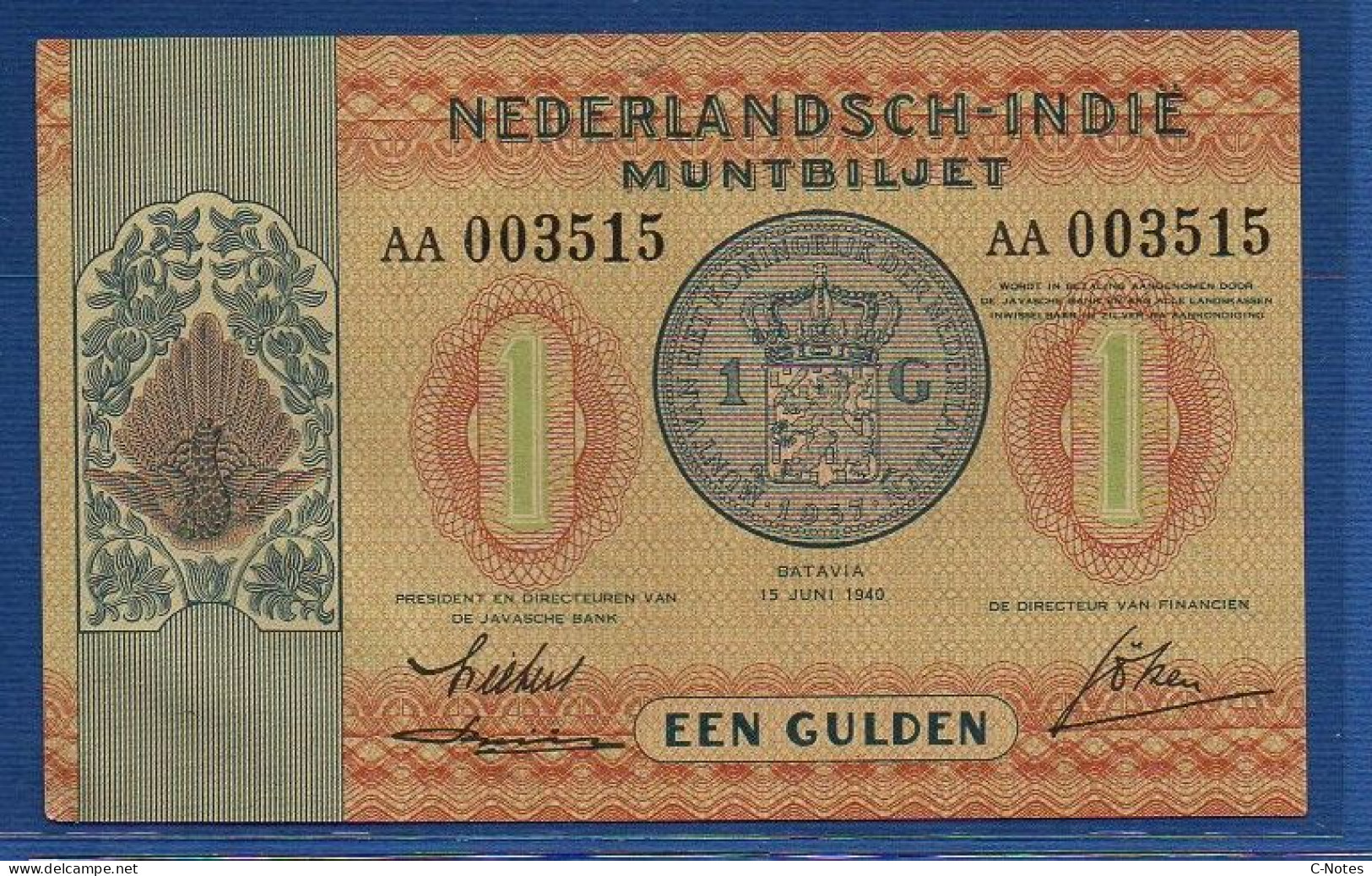 NETHERLANDS INDIES  - P.108 – 1 Gulden 1940  AUNC, S/n AA003515 - Dutch East Indies