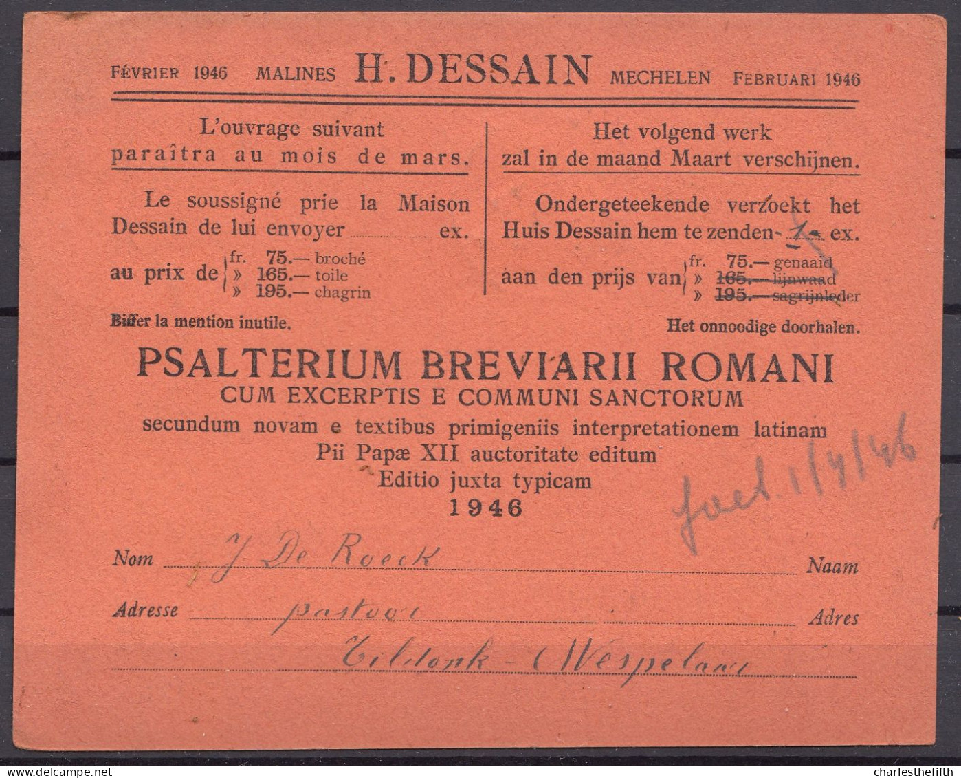 RARE ! Imprimé De Malines Au Curé De THILDONCK De Roeck ( + Cachet WESPELAAR 1946 ) - Preo Déplacé V 548 - Typografisch 1936-51 (Klein Staatswapen)