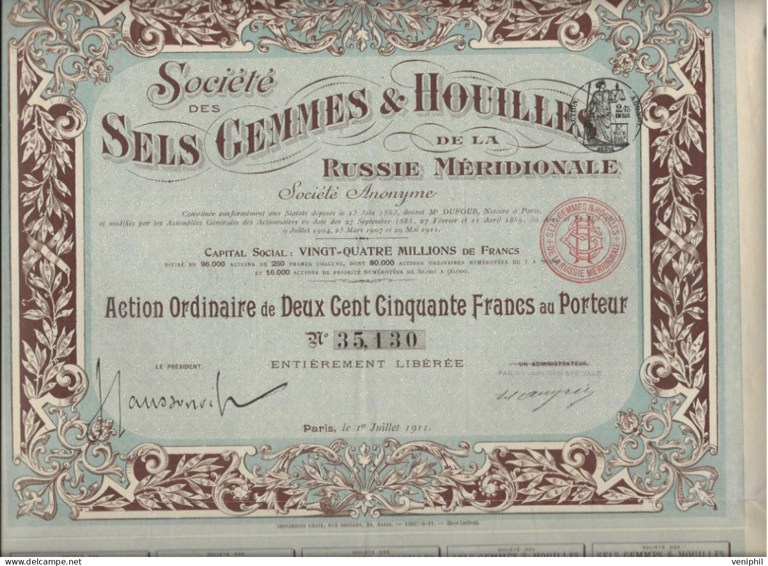 SOCIETE DES SELS GEMMES ET HOUILLES DE LA RUSSIE MERIDIONALE - ACTION DE 250 FRS  ANNEE 1911 - Mijnen