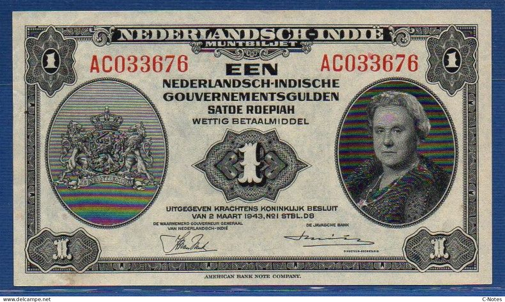 NETHERLANDS INDIES  - P.111a – 1 Gulden L.02.03.1943 VF/XF, S/n AC033676 - Indes Neerlandesas