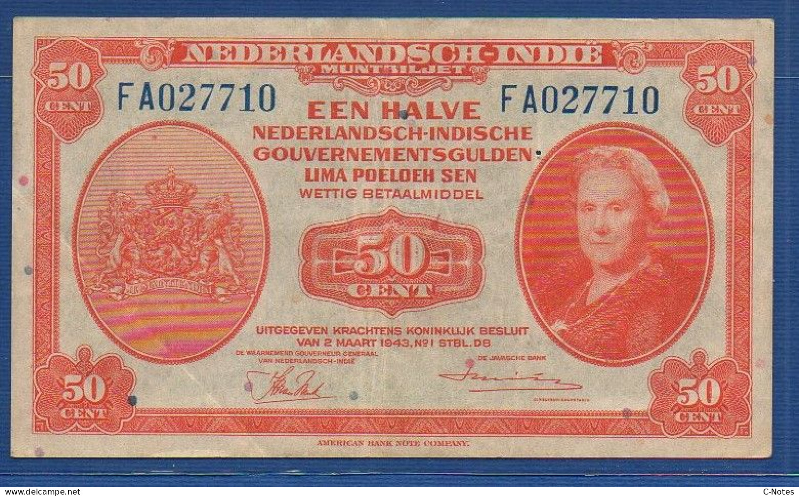 NETHERLANDS INDIES  - P.110 – 50 Cent L.02.03.1943 VF, S/n FA027710 - Nederlands-Indië